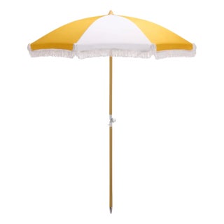 Gallo 6.5 Ft Beach Fringed Umbrella, Yellow Cabana Stripe For Sale