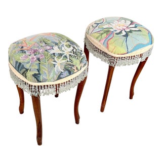 Antique Petite George III Round Needlepoint Footstools- Pair For Sale