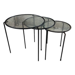 Vintage Metal and Glass Nesting Coffee Tables, 1950s, Set of 3 For Sale