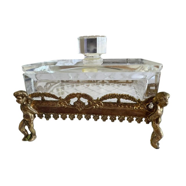 1940s French Crystal and Bronze Dresser Box With Cherubs For Sale - Image 5 of 11