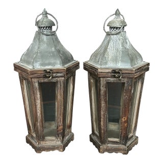 Large Rustic Indoor Outdoor Candle Lanterns, a Pair For Sale