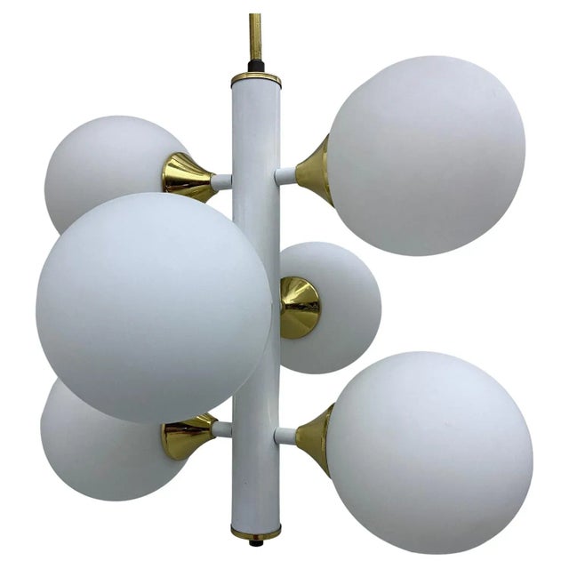 Brass and Metal Sputnik Light with 6 Opaline Bulbs from Kaiser Idell / Kaiser Leuchten, Germany, 1970s For Sale - Image 9 of 9