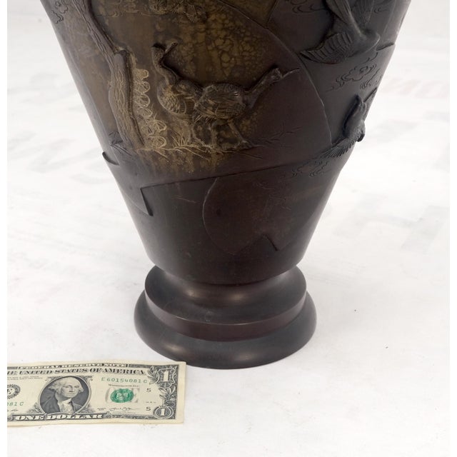 Early 20th Century Large Brass or Bronze Asian Two Handles Vase Urn Birds Motif Reliefs Clean! For Sale - Image 12 of 12