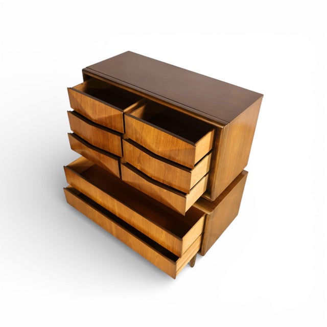 Wood United Furniture Vintage Mid Century Modern Diamond Front Highboy Dresser C. 1960s, Attributed For Sale - Image 7 of 10