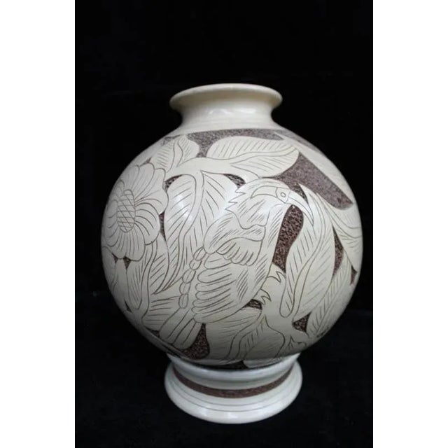 Ceramic Vintage Mid 20th Century Carved Vase With Separate Base For Sale - Image 7 of 8