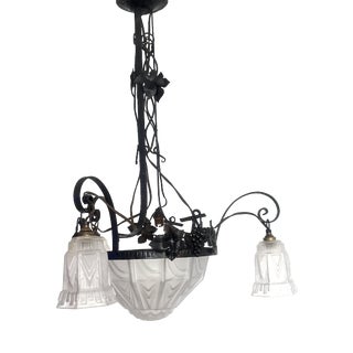 Antique French Art Nouveau Wrought Iron and Glass 4-Light Chandelier, 1930s For Sale