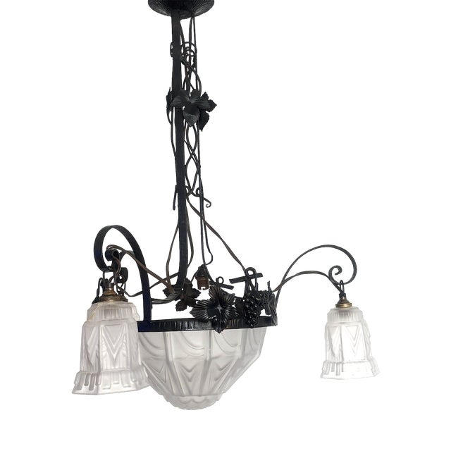 Antique French Art Nouveau Wrought Iron and Glass 4-Light Chandelier, 1930s For Sale
