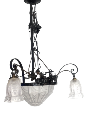 Antique French Art Nouveau Wrought Iron and Glass 4-Light Chandelier, 1930s