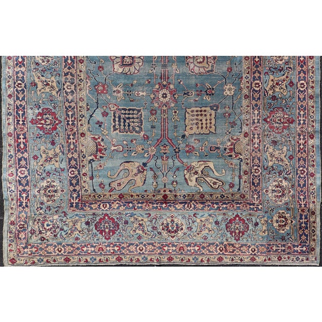 Antique Persian Tabriz Rug With Blue Field, Pictorial Medallions Accents of Red For Sale - Image 12 of 16