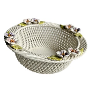 Mid 20th Century Bowl Irish Porcelain Woven Basket Flowers Porcelain Belleek Style Unmarked Vtg. For Sale