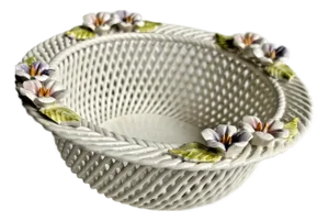 Mid 20th Century Bowl Irish Porcelain Woven Basket Flowers Porcelain Belleek Style Unmarked Vtg.