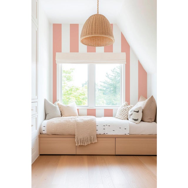 Clubhouse Stripe Grasscloth Wallpaper by House Party | Sunrise Peach & White | 8 Yards For Sale In Charlotte - Image 6 of 9