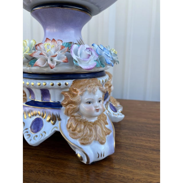 Dresden Signed Porcelain Centerpiece Bowl- Applied Flowers, Cherub Faces For Sale - Image 4 of 12