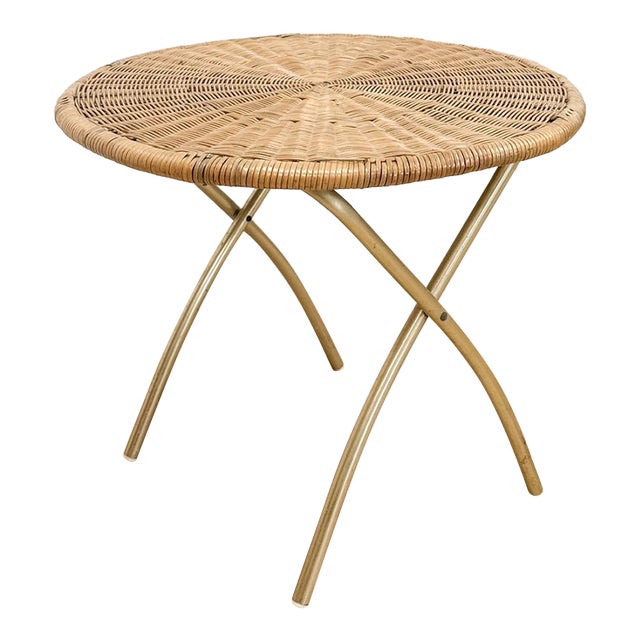 Vintage Wicker and Chrome Woven Folding Side Table Coastal Boho Accent Table For Sale