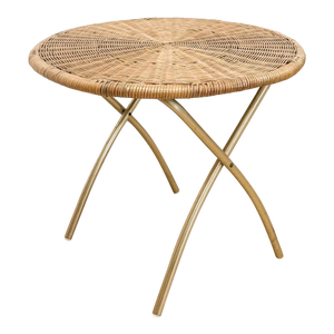 Vintage Wicker and Chrome Woven Folding Side Table Coastal Boho Accent Table