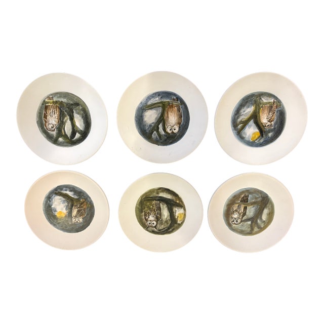 Vintage French Handpainted Marcel Guillot Owl Plates - Set of 6 For Sale