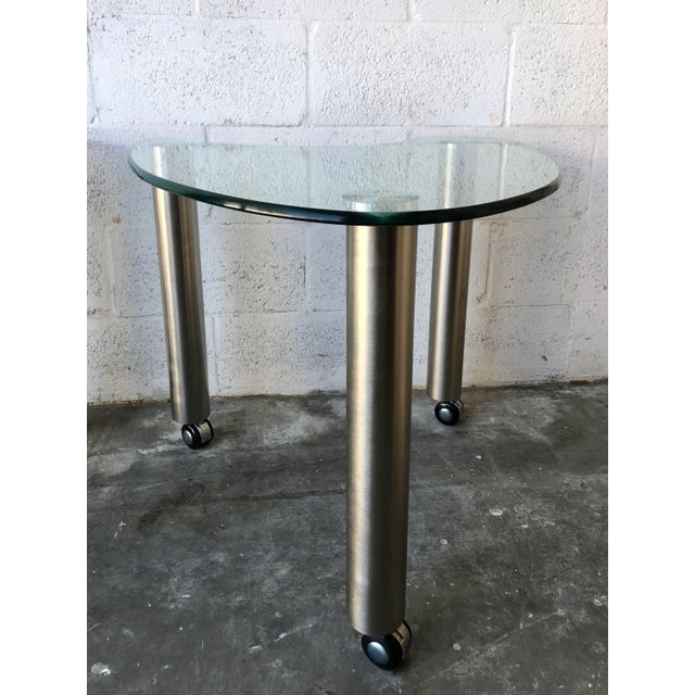 Late 20th Century Kidney Shape Glass Side Tables With Casters (A Pair) For Sale - Image 11 of 13