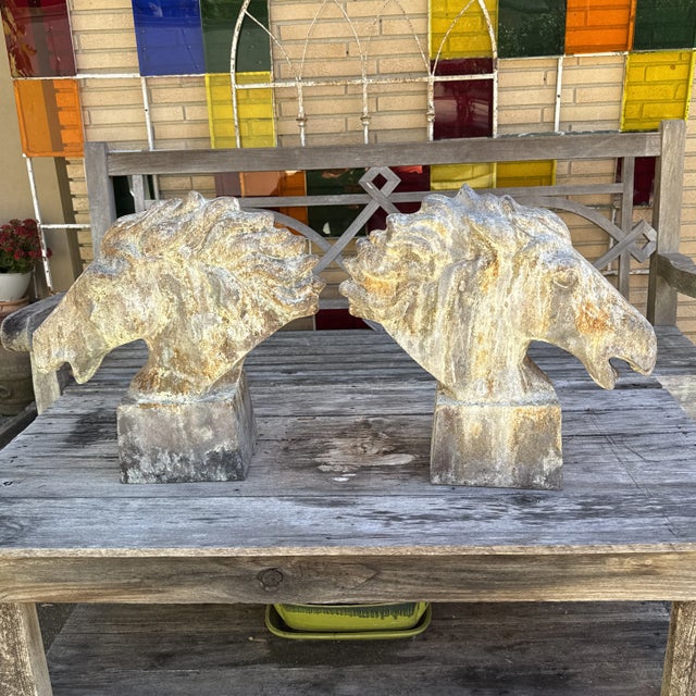 Metal Vintage French Cast Iron Equestrian Horse Head Statues - a Pair For Sale - Image 7 of 11