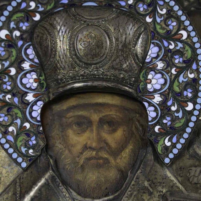 Icon of Saint Nicholas, 1865, Wood and Silver For Sale - Image 3 of 15