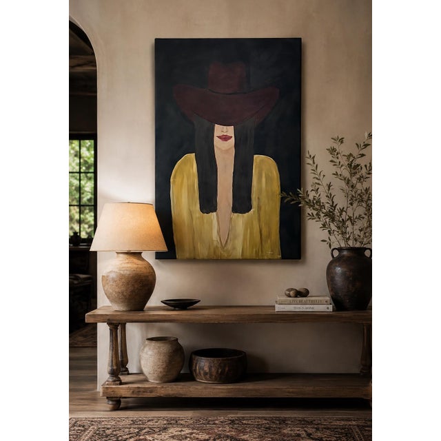 “Burgundy Brim” Original Oil on Canvas Western Female Portrait by Artist Marek For Sale - Image 4 of 8