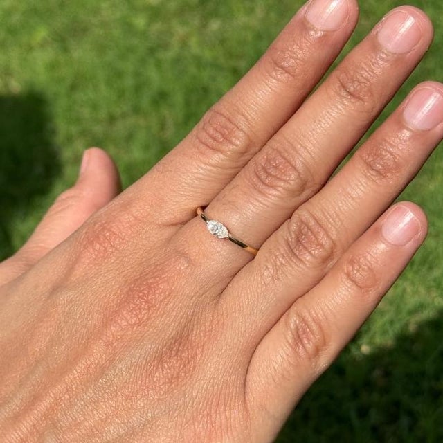 Contemporary Modern Marquise Cut Diamond Solitaire Ring Size 5.5 in 14k Yellow Gold For Sale - Image 3 of 16