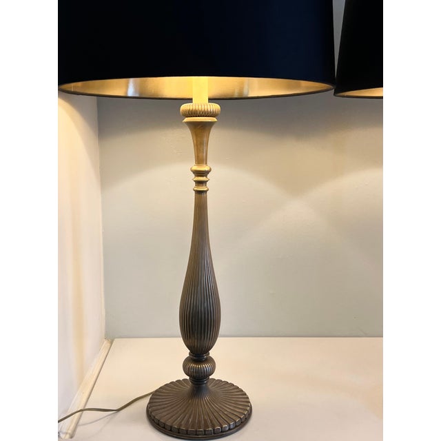 Mid 20th Century Brass Chapman Lamps with Black Silk Shades - A Pair For Sale - Image 5 of 10