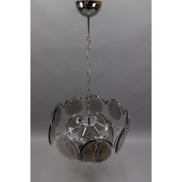 Smoked Glass and Chromed Metal Seven-Light Pendant Chandelier, 1970s For Sale - Image 14 of 18