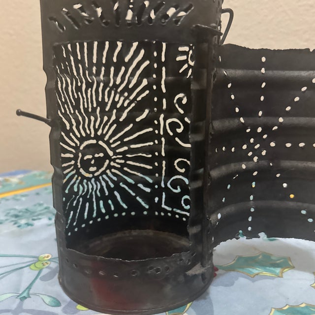 Metal Mid-Century Brutalist Punched Metal Sunburst Lantern For Sale - Image 7 of 8