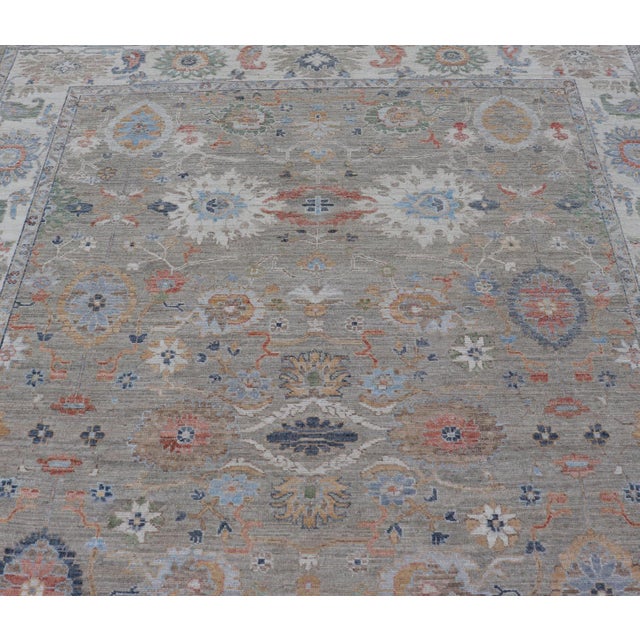 Modern Oushak Rug by Keivan Woven Arts, Muted Greens & Florals 9'0 X 12'4 For Sale - Image 9 of 15