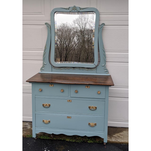 Antique Blue Oak Dresser With Beveled Pivot Mirror Chairish