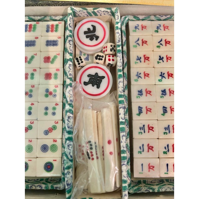 1950s Vintage Chinese Bone & Bamboo Mah Jong Set in Silk Brocade Case With Original Booklet & Wrapped Tiles For Sale - Image 5 of 15