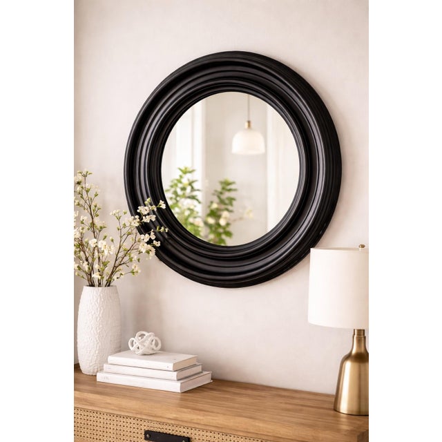 Late 20th Century Vintage Sculptural Black Round Mirror With Deep Concentric Frame, 29” Diameter For Sale - Image 5 of 5