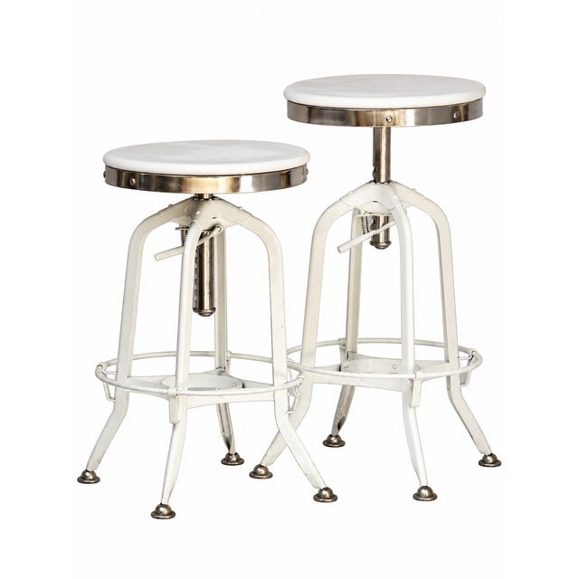 Restoration Hardware Pr. Of Vintage Restoration Hardward Adjustable White Bar Stools For Sale - Image 4 of 13