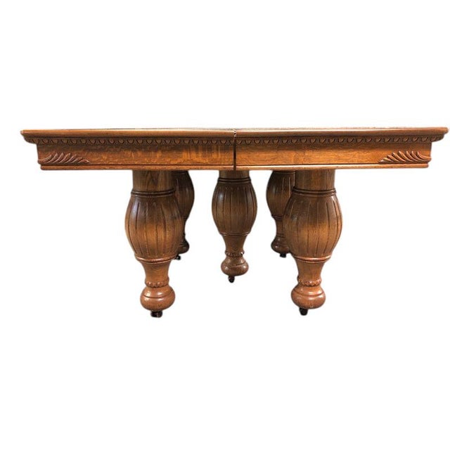 Victorian Mid 19th Century Victorian Tiger Oak Heavy Carved Dining Table and 4 Leaves For Sale - Image 3 of 12