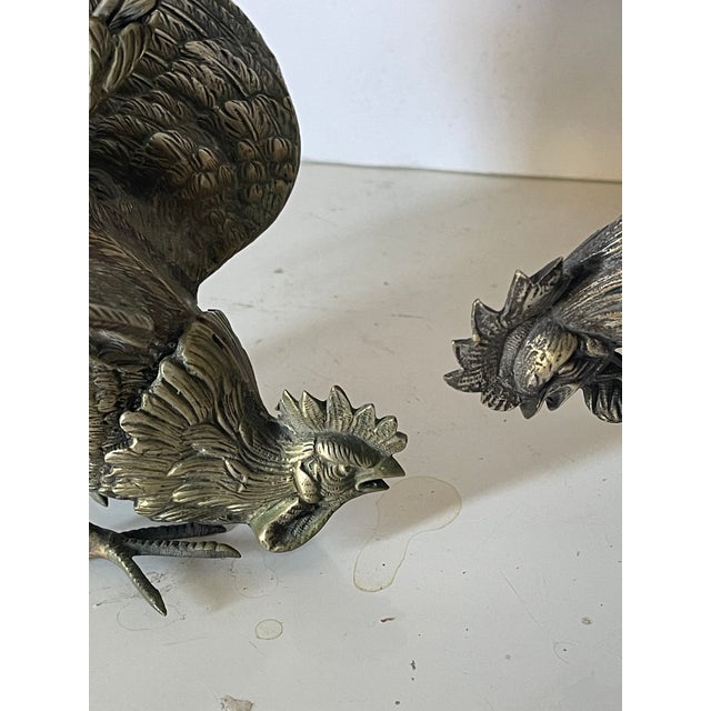 Gorgeous Antique Pair of Brass Fighting Roosters Sculptures For Sale - Image 9 of 10