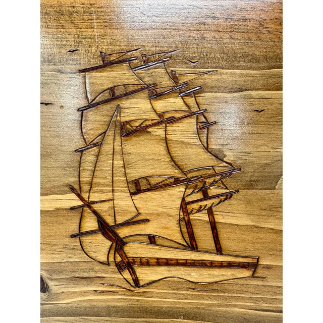 Vintage Handcrafted Wood Bar Tray With Pyrography Sailing Ship For Sale - Image 4 of 8