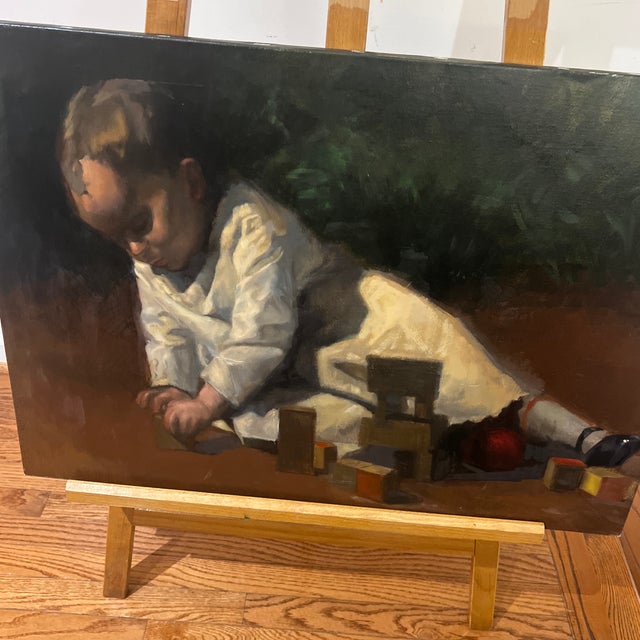 Figurative 1980s Oil on Canvas Painting Reproduction “Baby at Play" (1876) by American Artist For Sale - Image 3 of 8