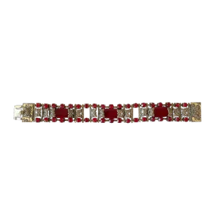 Vintage 1950s Czechoslovakia Ruby Rhinestones and Silver Metal Bracelet