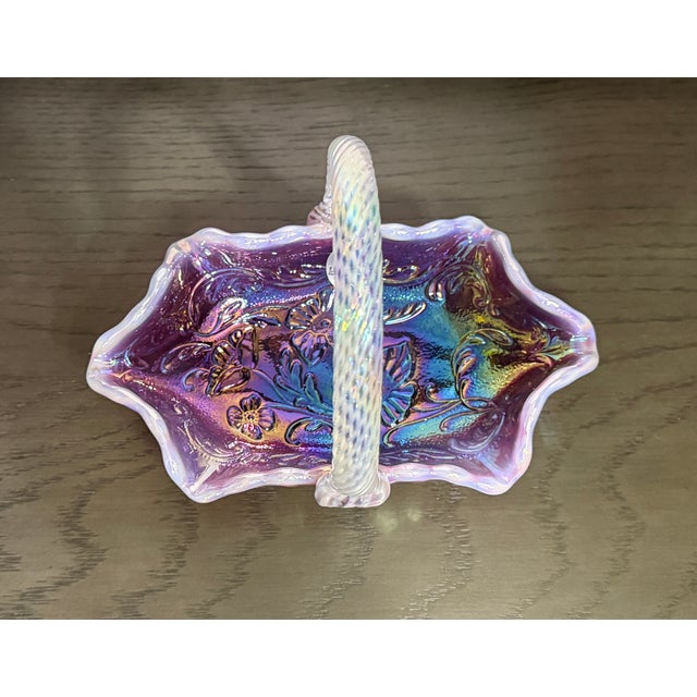 Fenton Art Glass Company 1990s Handmade Fenton Plum Opalescent Art Glass Basket With Iridescent Finish For Sale - Image 4 of 13
