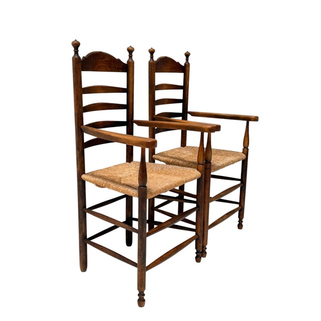 Rustic Dutch Ladder Back Armchairs in Patinated Beech, 1900s, Set of 2 For Sale - Image 10 of 13