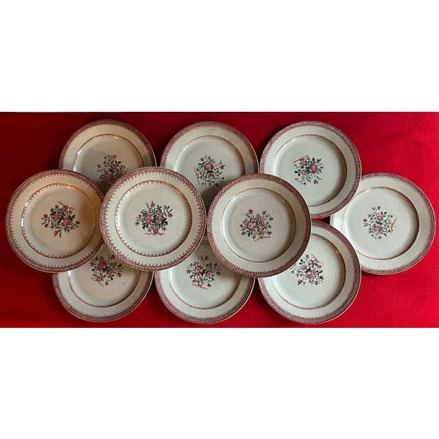 Chinoiserie Antique 18th Century Chinese Export Porcelain Plates in Famille Rose Palette Decorated With Flowers - A Set of 10 For Sale - Image 3 of 12