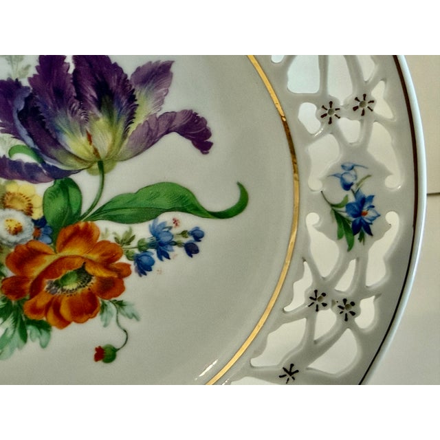 Red Pair of Antique German Dresden Porcelain Reticulated Cabinet Plates With Floral Decoration For Sale - Image 8 of 16
