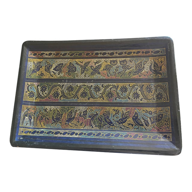 Folk Art Burmese Myanmar Lacquerware Kun-It Sgraffito Tray For Sale