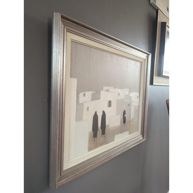 1960s Mid-Century Modern 'Quiet Commune' Original Figure City Oil Painting by Swedish Artist Fabian Lundqvist (1913-1989), Framed For Sale - Image 5 of 12