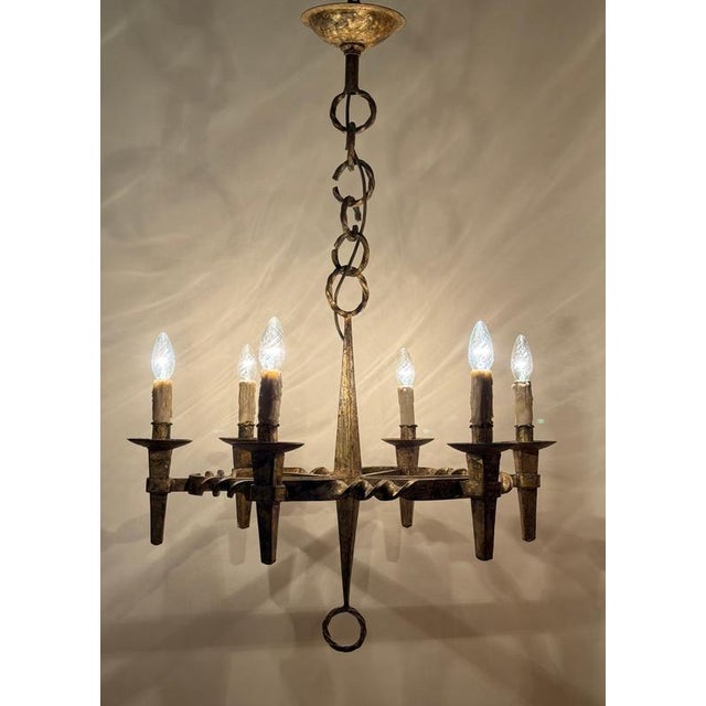 Arts and Crafts Golden Hand-Forged Six-Light Iron Chandelier, Germany, 1920s For Sale - Image 4 of 18