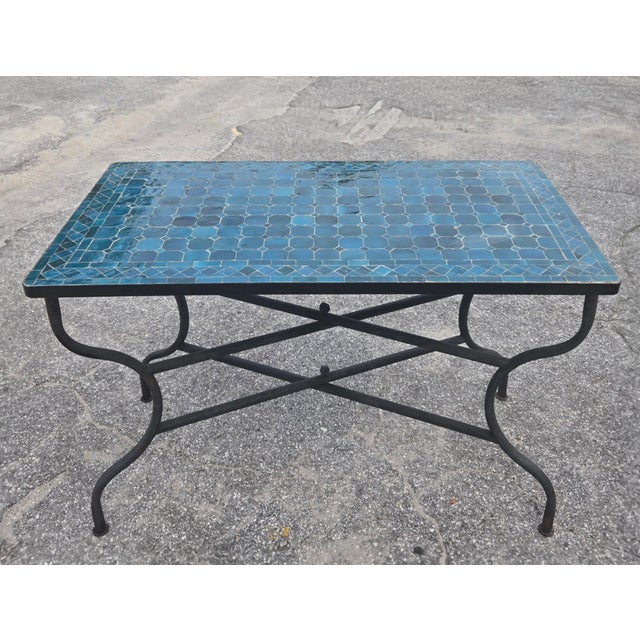 Moroccan 44" Rectangular Handmade Moroccan Petrol Blue Mosaic Table For Sale - Image 3 of 7