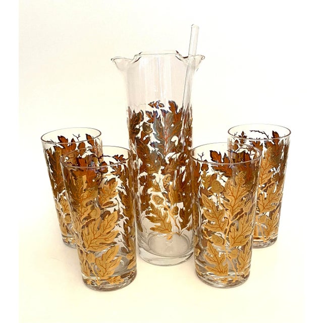 1960s Mid-Century Modern Culver Oak Leaf Hiball Set With Pitcher and Stir Stick- 5 Piece For Sale - Image 5 of 5