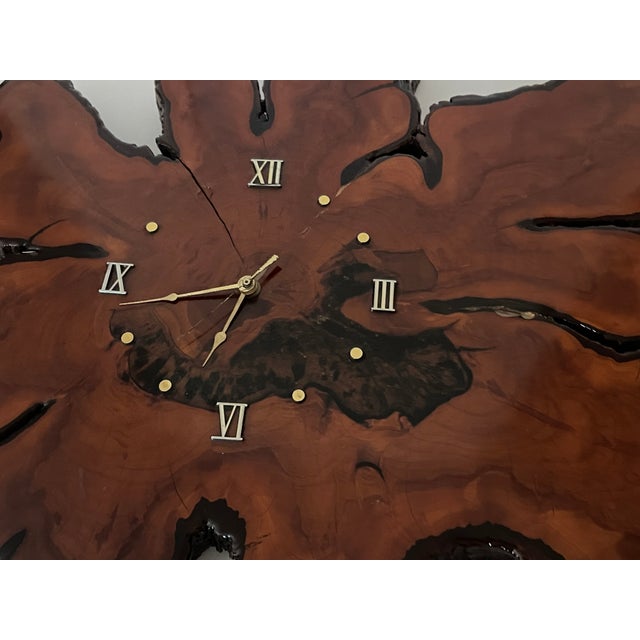 20 Th C Gorgeous Red Wood Slab Wall Clock For Sale - Image 4 of 5