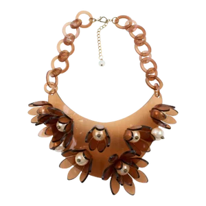 Italian Design Copper Lucite Flower and Pearl Bib Necklace