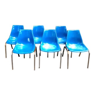 1950s Krueger Metal Products Blue Fiberglass Stacking Chairs - Set of 6 For Sale